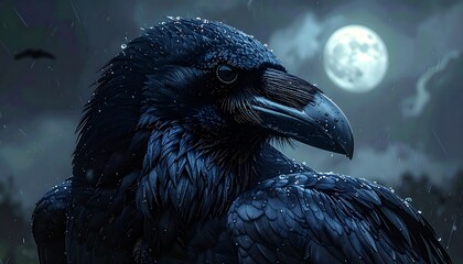 Mysterious Raven Under Full Moonlight Closeup.