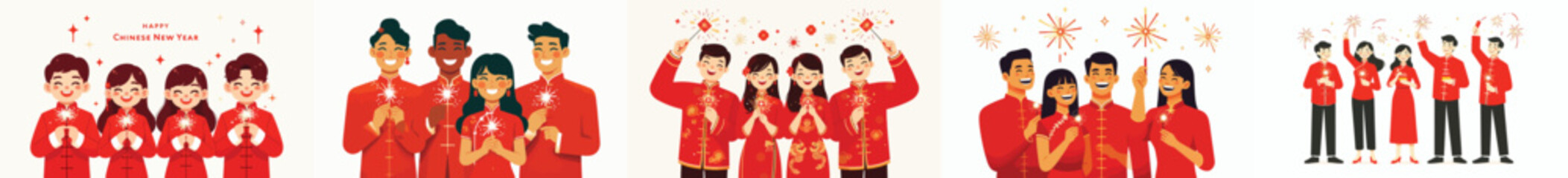 vector of friends playing with fireworks on Chinese New Year celebrations