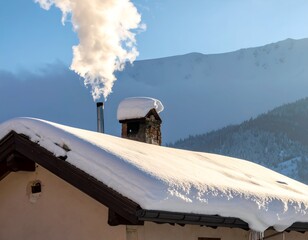 Winter scene Snow-covered roof, chimney exhaling smoke against a mountain backdrop