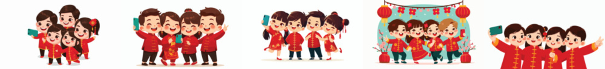 vector of children taking selfies together during Chinese New Year celebrations