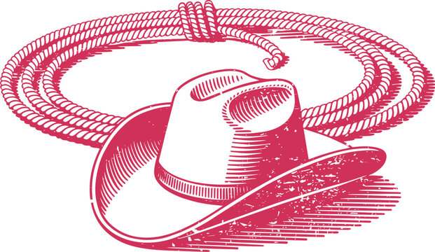 Illustration of a cowboy hat with a lasso rope in magenta color on transparent background
