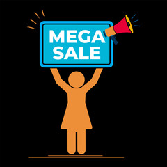 MEGA SALE &ndash; Character Holding Board, Mega Sale Promotion with Human Figure Holding Sign Vector