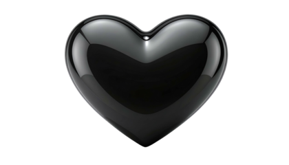 Glossy, black, three-dimensional heart against a solid black background. Smooth surface