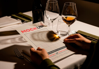 Man Holding Menu Page on Elegant Restaurant Mockup
