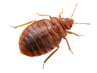 Highly detailed, reddish-brown Cimex lectularius, commonly known as a bed bug, with a segmented exoskeleton and visible legs, is depicted in a slightly angled, isolated on transparent background.