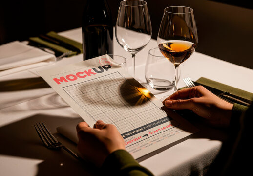 Man Holding Menu Page on Elegant Restaurant Mockup