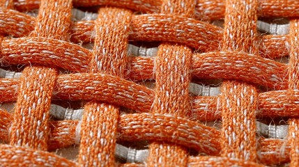 Close view of woven fabric made from orange threads showing texture and pattern in detail