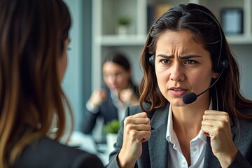 A series of close-up portraits depicting the emotions of a dissatisfied woman communicating with a service provider representative. Each shot revealing a distinct facet of her experience.