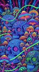 Psychedelic skull and mushroom landscape with neon green swirls
