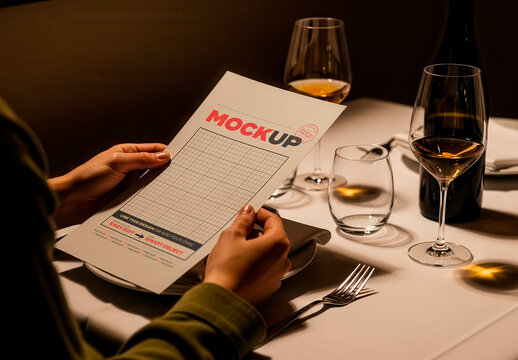 Long Page Menu Holding Hands on Restaurant Mockup