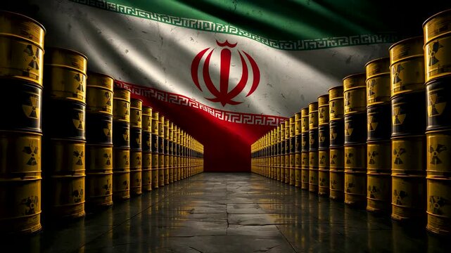 Iranian flag waving over endless rows of golden oil barrels in dark industrial storage facility