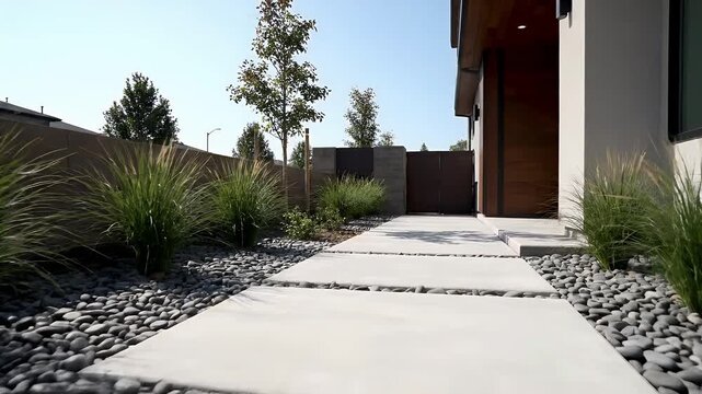 Modern home garden pathway with stone and grass