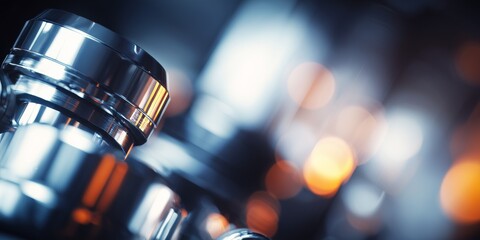 Metal equipment parts shine in bright light at a workshop during afternoon hours near a busy street