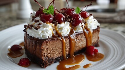 Chocolate cheesecake with cherries and caramel on a white plate in a kitchen setting during the afternoon