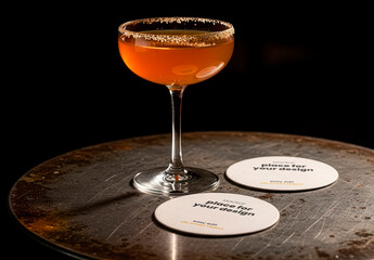 Realistic Circular Coaster with Drink Mockup