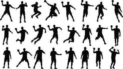 Fototapeta premium Handball player silhouette set, professional athletes jumping throwing ball and running in action poses, team sports vector icons isolated on white background for design.