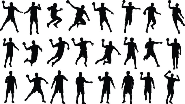 Handball player silhouette set, professional athletes jumping throwing ball and running in action poses, team sports vector icons isolated on white background for design.