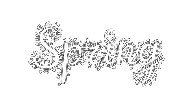 Intricate black and white coloring page featuring the word 'Spring' in elegant cursive, decorated with detailed leaves, vines, and small hearts.