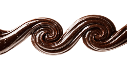 flowing melted chocolated swirl ribbon glossy dark dessert texture macro food photography isolated on white background