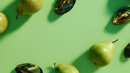 Fresh pears and mussels arranged on a green surface in a simple display for culinary presentation