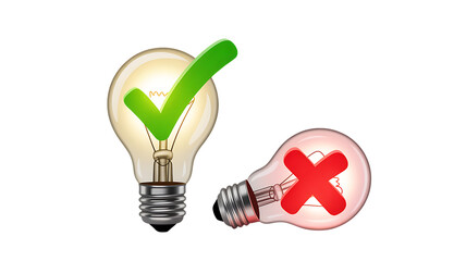 Tick and cross signs drawn on light bulbs visual approval rejection concept