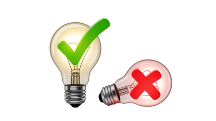 Tick and cross signs drawn on light bulbs visual approval rejection concept