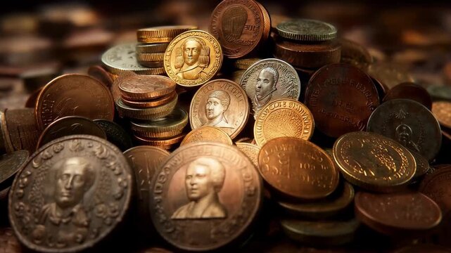 Collection of old coins stacked on a table with different designs, printed dates, and materials during the afternoon