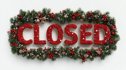 Closed sign surrounded by holiday decorations during winter season indoors in a store or restaurant setting