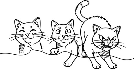 Continuous Line Art Three Cat Expressions Cute Angry Illustration