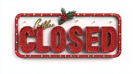 Closed sign with holiday decorations and bright lights in a festive style for seasonal closure
