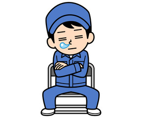 パイプ椅子に座って居眠りするシンプルな作業員の男性