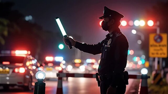 An officer directing traffic at night with illuminated light stick amidst colorful police lights on the street