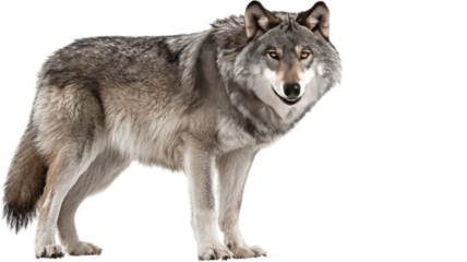 A wild gray wolf animal, a majestic canine predator and carnivore also known as Canis lupus, isolated on a white background showing its grey fur and head in a studio nature shot