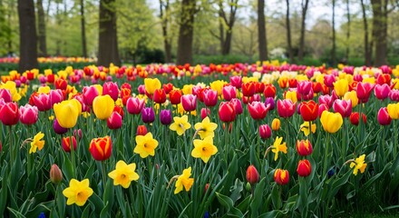春の柔らかな日差しが広がる庭園全体を包み込み赤黄ピンク紫の鮮やかなチューリップと眩い黄色の水仙が絨毯のように咲き誇る息をのむほど華やかで心温まる春の絶景. AI Generated