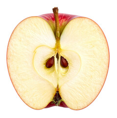 closeup of half of red apple with seed isolated on white