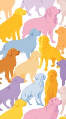 Colorful illustration of dogs in various poses and colors on a white background, showcasing playful and lively designs throughout the scene