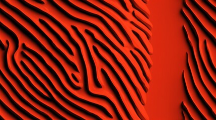 Patterns of lines and shapes in red material displaying a textured surface with depth and design variations