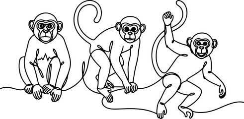 Continuous Line Art Three Monkey Poses Wildlife Illustration