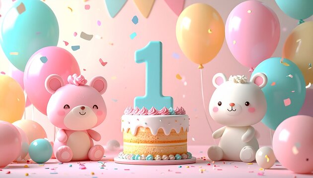 birthday party scene with soft pastel balloons and smiling cartoon animals. Semi-realistic festive composition with playful, joyful, childlike atmosphere and gentle colors.