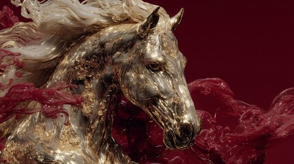 Golden horse head with red background showing artistic design and intricate details
