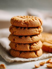 Stack of fresh baked cookies placed on a cloth in a kitchen setting during the day