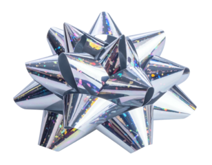 Shiny, iridescent, star-shaped gift bow, isolated on a transparent black background
