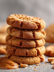 Cookies stacked on a table with peanut butter spread beside them during a baking session