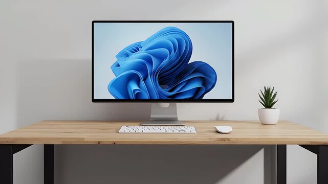 Modern office workspace with computer and plant on wooden desk