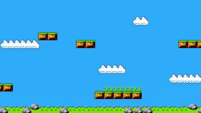 Retro pixel art game world with platforms and clouds. Bright 8-bit aesthetic, nostalgic arcade atmosphere. Game background concept.