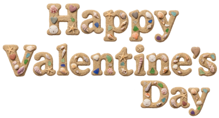 happy valentine's day text made of sand with seashells and starfish