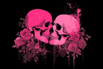 Pink skulls with roses create a striking visual on a black background with paint splatter effects