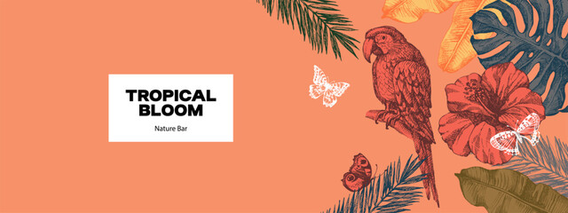 Vintage tropical background with exotic vibe. Parrot, tropical leaves, hibiscus, butterflies. Coffee, restaurant, food packaging, event decor concept. Hand drawn sketch vector illustration. © pim