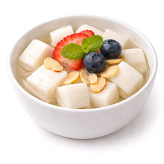 Almond tofu dessert, smooth texture, minimal style, white background