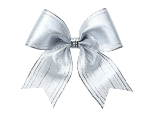 A decorative silver bow with textured fabric and subtle light effects